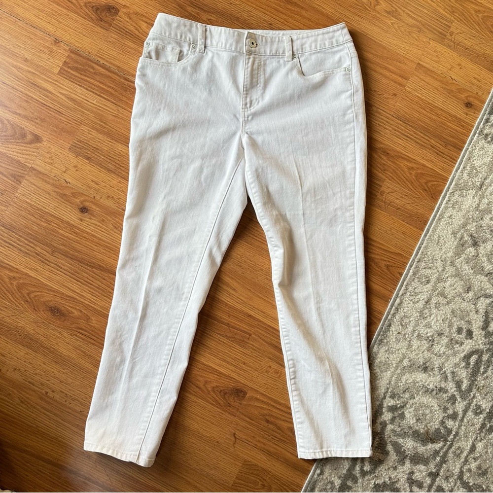 Women’s White Chico’s 0.5 Platinum Denim Jeans Tapered‎ Cropped Skinny